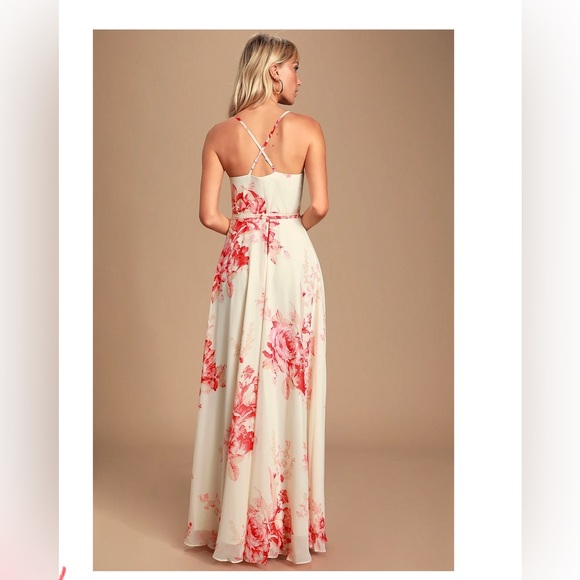 Lulu’s Elegantly Inclined Cream and Coral Floral Print Wrap Maxi Dress NWT - Picture 3 of 8